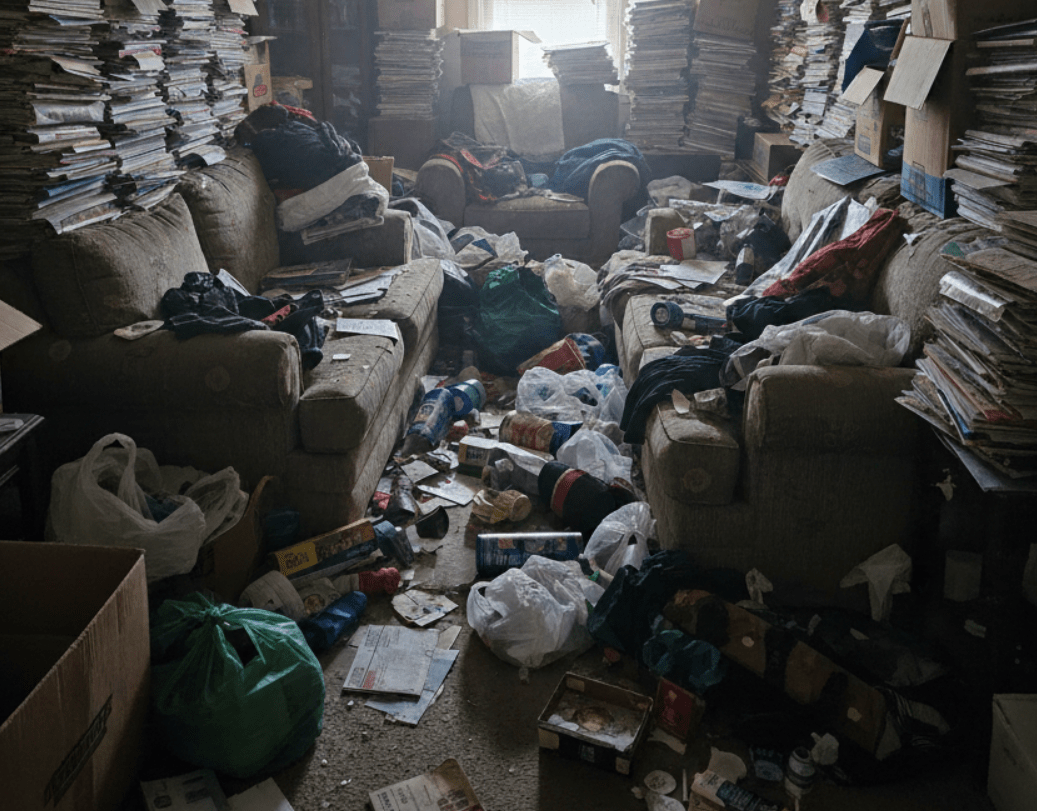 A heavily cluttered living room filled with tall stacks of newspapers, overflowing boxes, and debris before a professional hoarding cleanup in Owensboro.