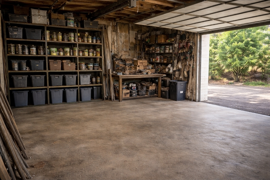 Professionally organized garage with empty floor space and tidy shelving after a full-service cleanout in Owensboro, KY