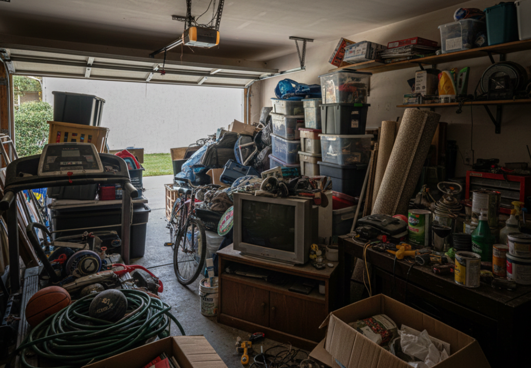 A realistic "before" photo of a heavily cluttered garage in Owensboro filled with an old TV, treadmill, bicycle, plastic storage bins, and various household debris.