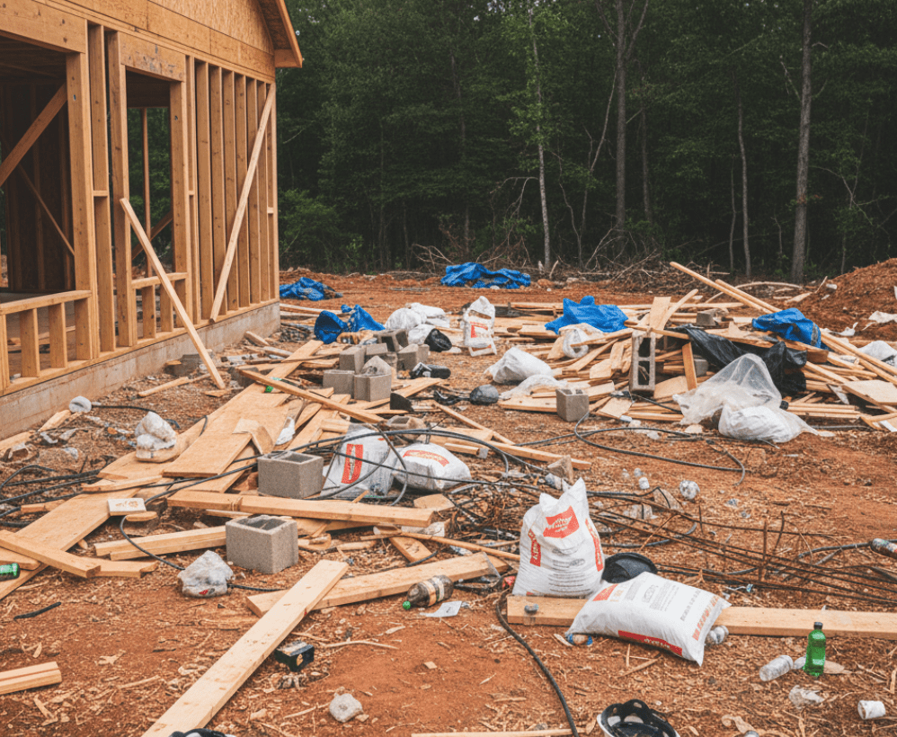 Professional junk removal crew clearing lumber and construction debris into a red trailer at an Owensboro job site.