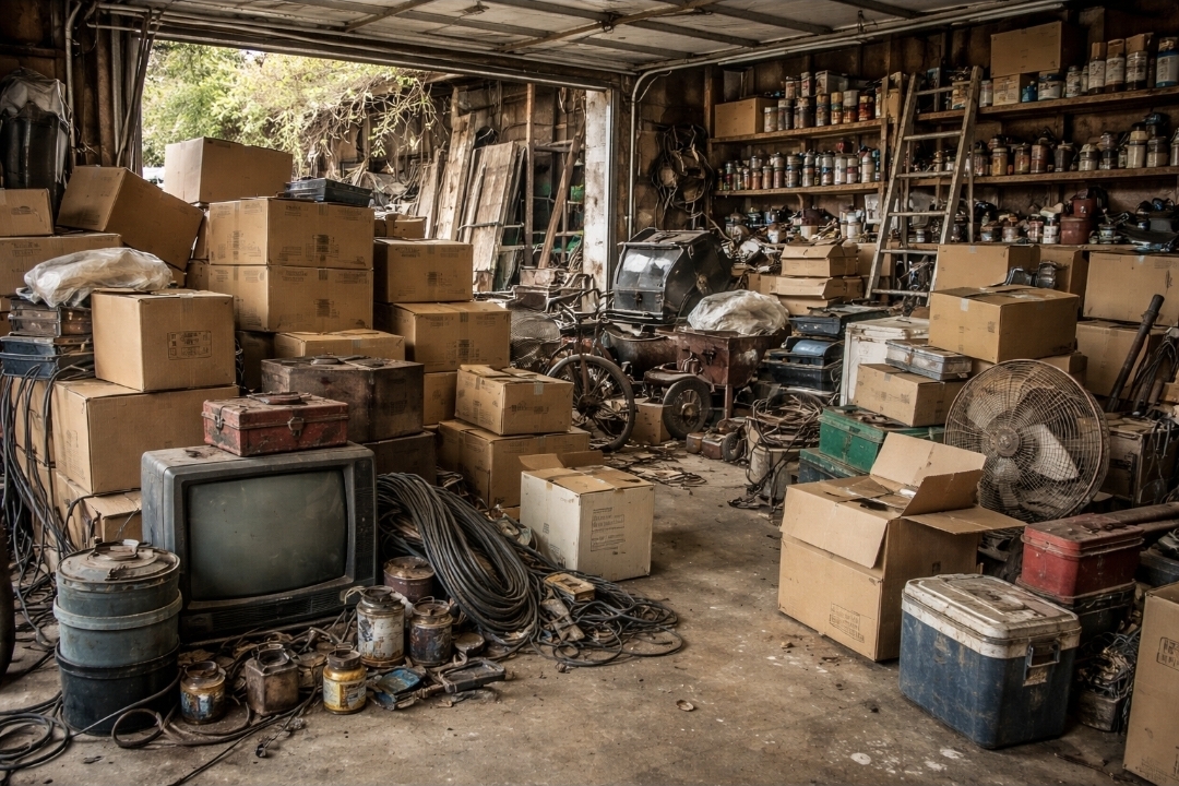 Extremely cluttered Owensboro garage filled with old electronics, cardboard boxes, and scrap metal before professional cleanout