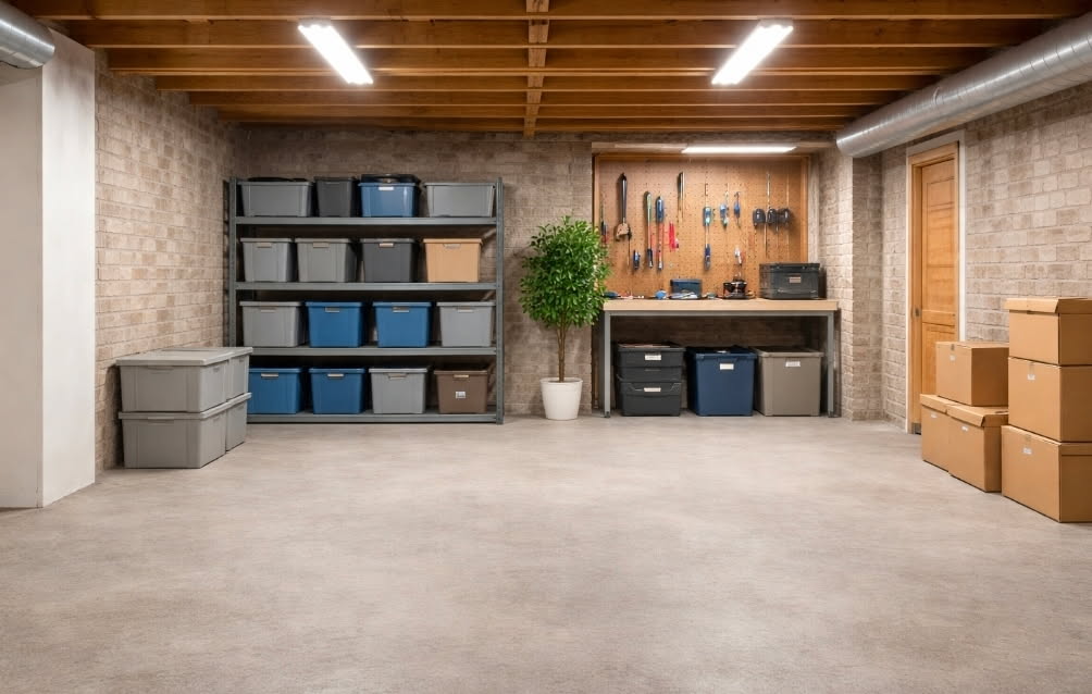 A wide-angle view of a clean, well-lit basement featuring organized storage bins on metal shelving and a tidy workbench after a professional cleanout service.