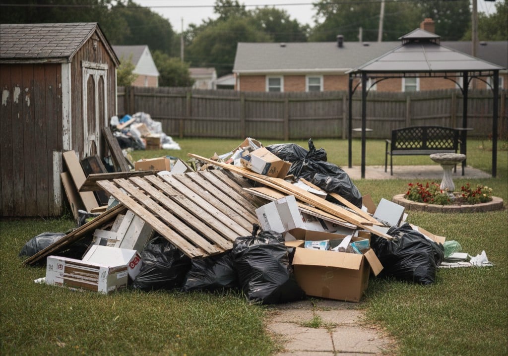 Large pile of backyard debris including wood fencing, cardboard, and trash bags in Owensboro.